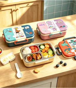 Detailed view of partitioned 304 stainless steel lunch box with food and cartoon lids