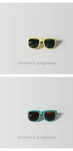 Detailed view of two pairs of colorful children's sunglasses in yellow and teal frames.