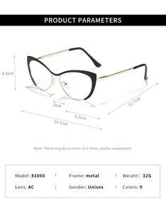 Dimensioni dettagliate e parametri del prodotto degli occhiali anti-luce blu cat-eye vintage