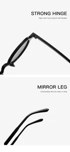 Close-up of strong durable hinge and comfortable mirror leg on lightweight round sunglasses