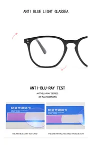Detail view of functional anti-blue light test for retro round frame eyeglasses.