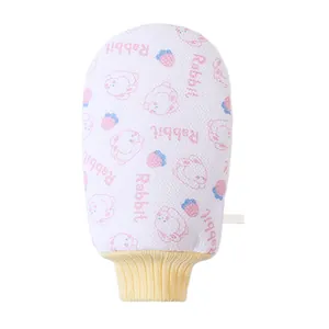Cartoon rabbit pattern exfoliating bath mitt with elastic yellow wrist cuff for home use
