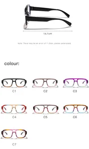 Detailed view of double bridge eyeglasses showing dimensions and seven color variants