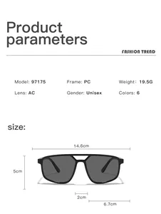 Detaillierte Abmessungen und technische Daten für diese Unisex-Sonnenbrille im Pilotenstil