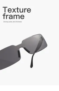 Detail shot of retro rectangular grey rimless sunglasses with strong luster