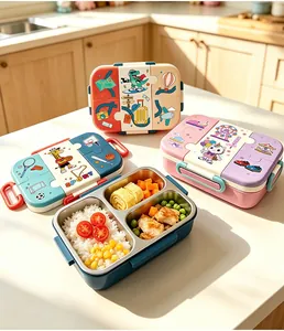 Three-compartment stainless steel bento lunch boxes with colorful cartoon designs.