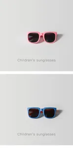 Detailed view of children's stylish square sunglasses in matte pink and blue colors