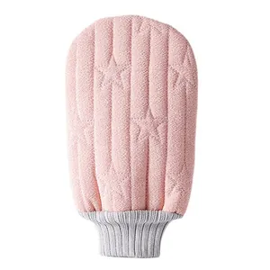 Guanto da bagno esfoliante rosa con stelle e polsino elastico grigio