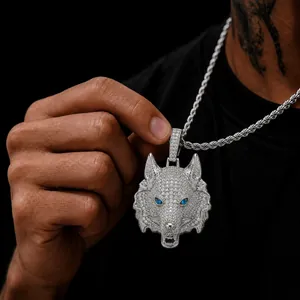 Iced out wolf head pendant with blue eyes, punk style hip-hop jewelry detail