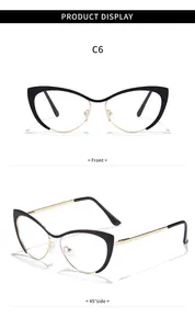 Viste dettagliate frontali e laterali di eleganti occhiali cat-eye con montatura oro