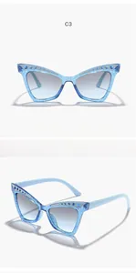Detailed view of kids' blue glitter cat-eye sunglasses with rhinestone accents
