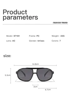 Detailed view showing dimensions and technical parameters of aviator sunglasses.