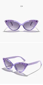 Detailed view of purple cat-eye sunglasses with glitter and rhinestone accents for kids.