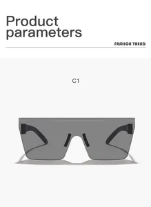 Oversized grey rimless shield sunglasses with flat top for hip-hop outdoor wear.