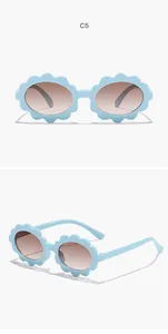 Cute light blue flower-shaped children's sunglasses shown from front and side view