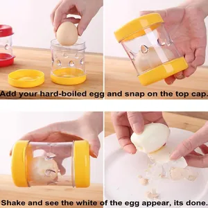 Steps to use manual egg peeler showing shaking and peeling hard-boiled egg