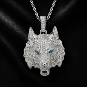Men Hip Hop Wolf Head Pendant Necklace Copper Zirconia Animal Statement Necklace Vintage Punk Jewelry Gift