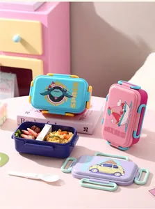 Tragbare Cartoon-Lunchbox aus Kunststoff mit Fach, mikrowellengeeignetem Deckel und Löffel.