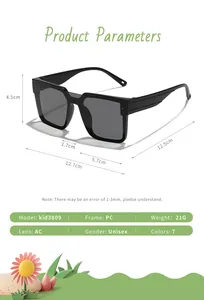 Detailed specification of children's square frame sunglasses with size dimensions