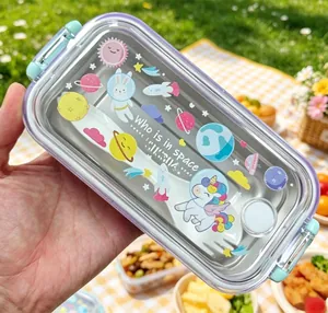 Close-up of 304 stainless steel lunch box lid with cartoon space astronaut patterns.