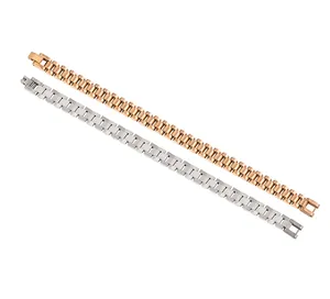 Detailed view of silver and rose gold titanium steel watchband-style bracelets