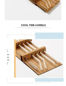 Eco-friendly reusable borosilicate glass straw set with cleaning brush in cardboard holder