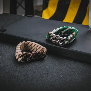 Detailaufnahme von trendigen Panzerarmbändern für Herren aus Silikon und Titanstahl.