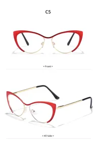 Viste dettagliate multi-angolo di eleganti occhiali rossi a occhio di gatto anti luce blu.