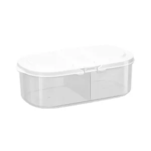 Transparent 2-compartment food storage box for spices and ingredients with white lid.