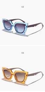 Oversized colorful cat-eye sunglasses in blue and orange frame variants for women