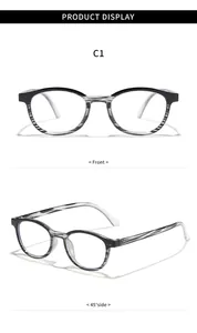 Vues de face et à 45 degrés de lunettes anti-lumière bleue carrées avec monture rayée