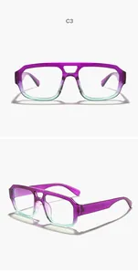 Front and side view of double-bridge glasses with purple teal gradient frames