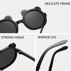 Matte black children's cartoon sunglasses with cute bear ears and durable metal hinges