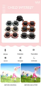 Cute bear-shaped children's sunglasses with UV protection and HD lenses in multiple colors.