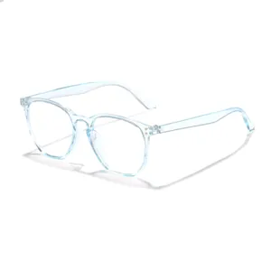 Detail view of light blue transparent retro anti-blue light glasses on white background.