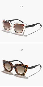 Close-up detail of oversized cat-eye sunglasses in transparent and tortoiseshell patterns