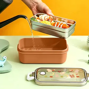 304 stainless steel cartoon lunch box with orange base for warming meals at school