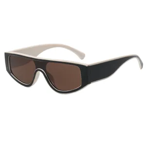 Trendy black and white contrast frame shield sunglasses with brown lenses.