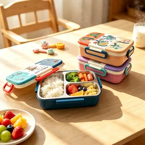 Stackable 304 stainless steel kids bento box with cute cartoon lids and 3 compartments