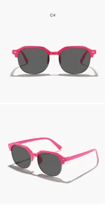 Detailed view of pink semi-rimless children's square sunglasses with silver pins.