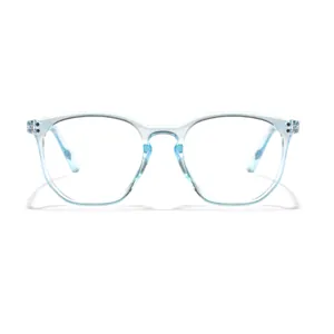 Front view detail of transparent light blue macaron anti-blue light glasses frame