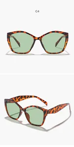Gedetailleerd overzicht van cat-eye zonnebrillen met luipaardmontuur en groene glazen.