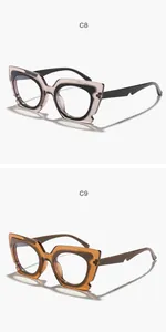 Close-up of cat-eye anti-blue light glasses in C8 grey and C9 amber colors