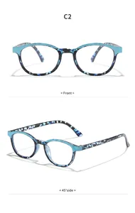 Vue détaillée des lunettes anti-lumière bleue à motifs bleus de face et de profil à 45 degrés