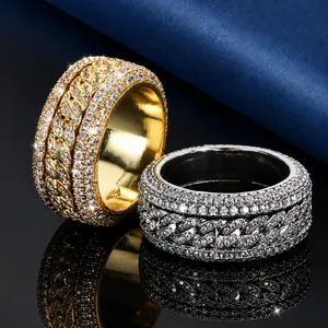 Bague Hip Hop Iced Out Rotative Maille Cubaine en Cuivre Incrusté de Zirconia Homme Personnalisé Tendance Bijoux