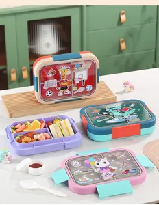 Four colorful cartoon bento boxes with compartments and stainless steel interior detail