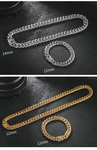Detail van zilveren en gouden Cubaanse schakelkettingen van 12 mm en 14 mm breed.