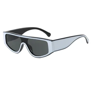 Stylish black and white contrast sunglasses with sleek integrated one-piece dark lens