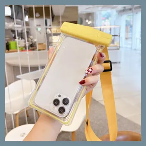 Yellow waterproof phone pouch with adjustable strap for swimming and outdoor drifting.