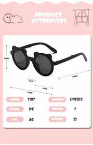 Detail view showing dimensions and attributes of foldable bear-ear kids sunglasses.